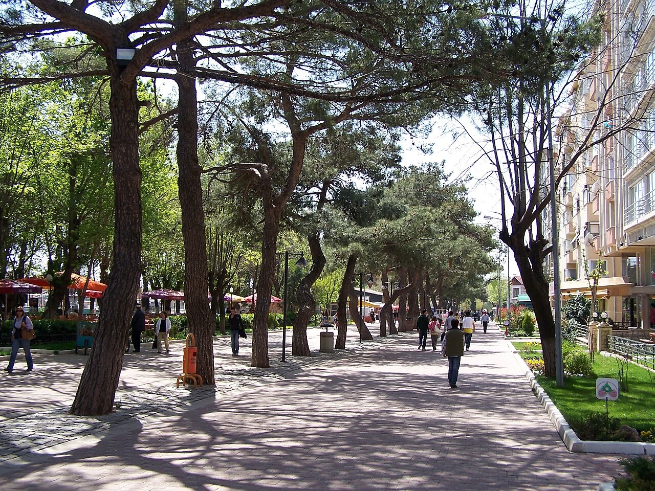 Jalan bertaman dan bangunan kota Kırklareli, Turki.